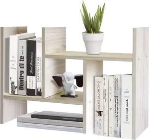 TY ARTS & CULTURE - Expandable Wood Desktop Storage Organizer Multipurpose Desk Bookshelf Display Shelf Rack Counter Top Bookcase for Office Home | White Wood