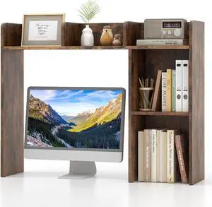 Tangkula Desktop Bookshelf, Countertop Storage Hutch with 5 Shelves for Computer Desk, Desktop 3-Tier Display Rack, Multipurpose Wood Desktop Hutch Storage Organizer for Dorm Office, Brown