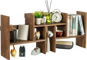 MyGift Adjustable Desktop Shelf, Deluxe Rustic Burnt Solid Wood Stackable Multilevel Bookshelf Organizer Stand, Home or Office Desk Storage Shelving Rack