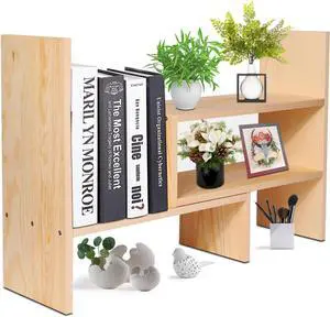 Flexzion Natural Wooden Desktop Shelf Wood Caddy Desk Organizer Set Office Storage Adjustable Expandable Tabletop Accessory Sorter Bookcase Display Stand Rack (Beige)