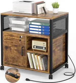 Unikito Lateral File Cabinet, Locking Office Filing Cabinets with Socket and USB Charging Port, Modern Rolling Printer Stand with Storage for A4, Letter Size and File Folders, Rustic Brown