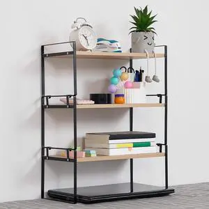 YGYQZ Wood Office Desk Shelf Organizer - Desktop Supplies Cute Dresser Top Organization Storage Rack and Cubicle Decor Aesthetic Bookshelf for Women Man and Kids (Black Wood-Three Tier)