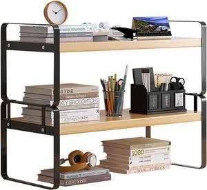 YGYQZ Wood Office Desk Shelf Organizer - Desktop Supplies Cute Dresser Top Organization Storage Rack and Cubicle Decor Aesthetic Bookshelf for Women Man and Kids (Black-Two Tier)