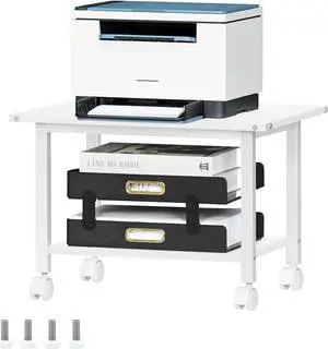 Lerliuo Under Desk Printer Stand, 2-Tier Industrial Mobile Printer Table with Storage Shelf and Steel Frame, Rolling Printer Cart Holder with Lockable Wheels for Home, Office (White)