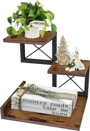 Desk Shelf Organizer, Wood Desktop Organizer Small Bookshelf, 3 Tier Storage Shelf Riser Display Stand for Office Decor and Desk Accessories, Rustic Brown Black