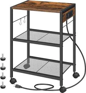 Industrial Printer Stand, 3-Tier Mobile Printer Table, Rolling Cart with Power Outlets and USB Ports, Home Printer Stand with 2 Hooks, for Office, Living Room, Rustic Brown BF22UPS01