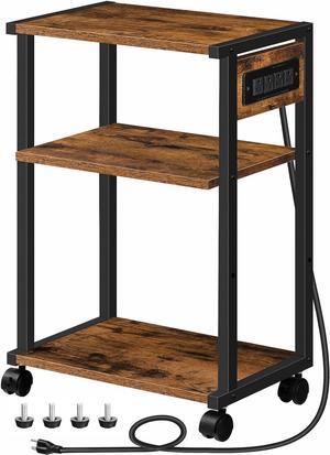 Industrial Printer Stand with Charging Station, 3-Tier Printer Table, Rolling Printer Cart with Adjustable Shelf and Hook, Rustic Brown and Black BF28UPS01