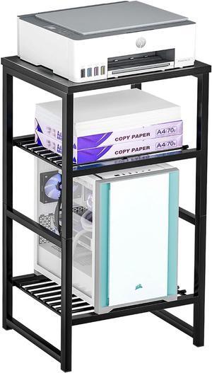 Printer Stand Holder 3 Tier - Heavy Duty Metal Shelving Unit for Under Desk Printer Storage Office Organizer, Industrial Printer Side Table with Wood Desktop for Scanner Fax Machine Black
