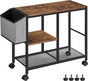 Printer Stand with Storage Bag, 3-Tier Mobile Under Desk Printer Cart with Wheels, Wood Rolling Printer Table, Organizer Shelf for Study, Office, Living Room, Rustic Brown PTHR2201