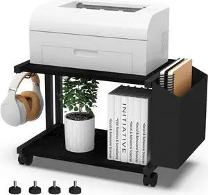 VEDECASA 2 Tier Black Printer Stand with Storage Bag for Home Office Desktop Printer Table Underdesk Organizer Mobile Printer Shelf with Caster Wheel (Black)