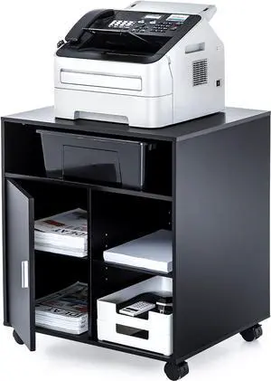 FITUEYES Printer Stand with Storage Adjustable Shelves, Wood Mobile Cart with Door, Rolling File Cabinet on Wheels for Home Office, Black, PS406001WB