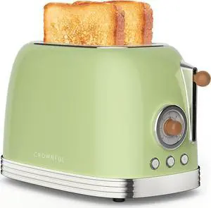 CROWNFUL 2-Slice Toaster, Extra Wide Slots Toaster, Retro Stainless Steel with Bagel, Cancel, Defrost, Reheat Function and 6-Shade Settings, Removal Crumb Tray