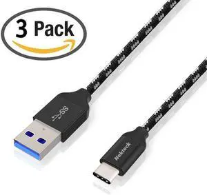 Nekteck [3PACK] Nylon Braided USB-C to USB Type A Male Data & Charging Cord 56k ohm resistor for Macbook 12 Inch, Galaxy S8 S8 Plus/ S9 S9 Plus/ LG G5/G6, Google Pixel 2/ Pixel 2 XL, Black - 3.3ft