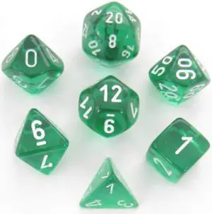 7 Set Cube Translucent Polyhedral Green Dice White Numbered Durable Standard Size Chessex Manufacturing
