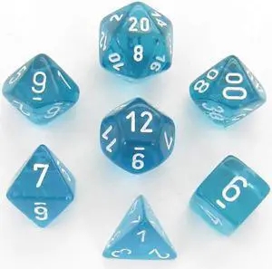 7 Set Cube Translucent Polyhedral Teal & White Dice Transparent Durable Chessex Manufacturing