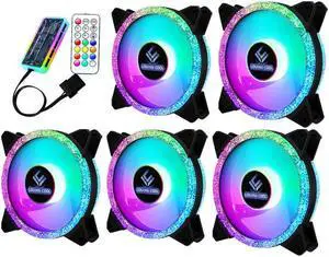 5 Pack RGB Case Fan 12cm + Remote Controller, Computer 120mm Cooling 3pin 4pin Rainbow Color Ventilador PC Fan RGB 12V with LED Lights