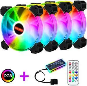 4-Pack 120mm RGB Case Fan with Remote Controller, Computer Case 12cm Cooling Fan RGB 6PIN, RGB LED Quiet High Airflow Adjustable Color LED Fan, CPU Cooler with RF Remote