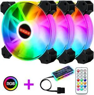3-Pack 120mm RGB Case Fan with Remote Controller, Computer Case 12cm Cooling Fan RGB 6PIN, RGB LED Quiet High Airflow Adjustable Color LED Fan, CPU Cooler with RF Remote