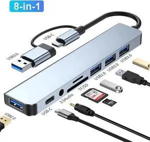 USB C Docking Station, 8-in-1 Laptop USB3.0/USB-C Dock with USB 3.0 & 3*USB 2.0, 100W Power Delivery, TF/SD Card Reader 3.5mm Audio Compatible with MacBook, iPad, Steam Deck or Other USB A/C Devices