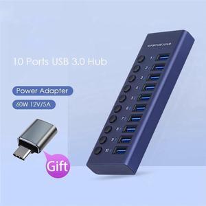 Powered USB Hub - 10 Ports 60W USB 3.0 Data Port, Aluminum Housing, Individual On/Off Switches, 12V/5A Power Adapter, 5Gbps High Speed, USB 3.0 Hub for Laptop, PC, Computer, Mobile HDD