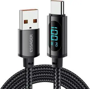 100W USB A to USB C Cable, E-Mark 7A PD LCD Power Display Type-C Fast Charging 480Mbps Nylon Braided Laptop Data Cord for MacBook Pro Air iPad Samsung Galaxy Pixel LG PS5 and More, 3.3ft 1-Pack