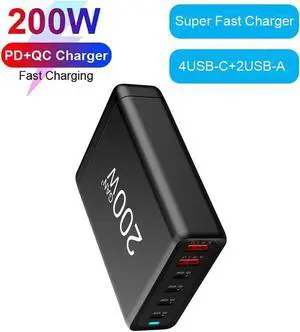 200W USB C Charging Station Hub, 6-Port GaN PPS Fast Travel Charger for MacBook Pro/Air, Chromebook, GalaxyBook, Pixelbook, Surface, iPad Pro, Steam Deck, and More