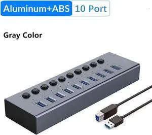 USB 3.0 Hub, 10 Port Powered USB Hub Expander Aluminum USB 3.0 Data Port hub with Universal 12V/4A Adapter and Individual On/Off Switches USB Splitter for Laptop and PC