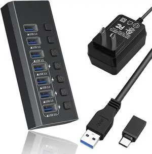 Powered USB Hub, 7-Port USB Splitter Hub (7 Data Transfer Ports+ 4 Smart Charging) with Individual LED On/Off Switches, USB Hub 3.0 Powered with Power Adapter for Mac, PC