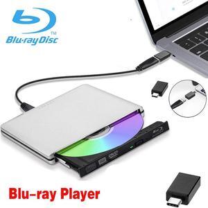 Aluminum External CD DVD Blu-Ray Player Drive USB 3.0 Type-C Portable DVD/CD ROM +/-RW Drive Burner Rewriter for Windows 10 Laptop Desktop PC, MacBook Pro/ Air, iMac Silver