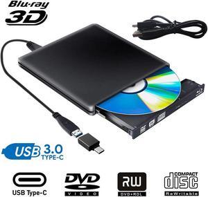 Aluminum External Blu Ray CD DVD Drive 3D, USB 3.0 and Type USB C Bluray DVD CD RW Row Burner Player Compatible for MacBook OS Windows 7 8 10 PC iMac,Black