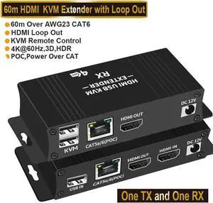 4K 60Hz HDMI KVM USB Extender Over Cat5e/6 196ft/60M, 2 USB 2.0 Ports, Zero-Latency, Plug and Play, No Driver, Supports All Operating System, Keyboard and Mouse USB Over Ethernet