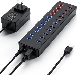 Powered USB Hub, 11-Port USB Splitter Hub (7 Faster Data Transfer Ports+ 4 Smart Charging Ports) with Individual LED On/Off Switches, USB Hub 3.0 Powered with Power Adapter for Mac, PC