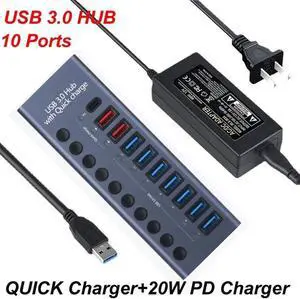 Powered USB Hub 3.0, 10-Port USB 3.0 Hub, 7 USB 3.0 Data Transmission Ports + 2 Smart Charging Ports + 1 PD Charging Port with Individual On/Off Switches with Power Adapter for Laptop PC