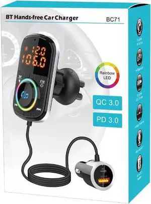 BC71 Bluetooth 5.0 Car Adapter, QC3.0+USB-C 18W Fast Charger Wireless Bluetooth Car FM Transmitter, Car Bluetooth Adapter with 7 LED Backlit, Hands-Free Calls, 2 USB Ports+USB-C, Support TF Card