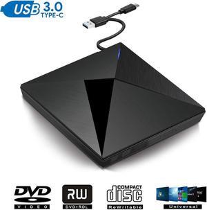 External CD Drive Type C & USB 3.0 Portable High-Speed CD/DVD +/-RW Reader CD DVD Burner/Player/Writer for PC Desktop/Laptop/Linux/Notebook Windows 10/8/7/XP/Vista