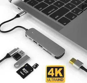 USB-C Hub, 6-in-1 USB-C Adapter, with 4K 30Hz HDMI, USB-3.0 5Gbps Data Ports,USB2.0 Ports, 87W Power Delivery, SD/TF Card Slots for MacBook Pro/iPad Pro/Type-C Devices