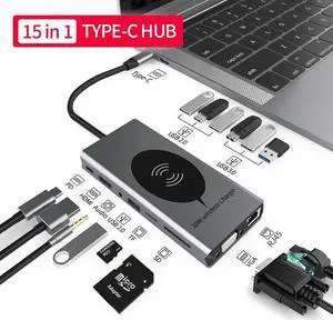 USB C Docking Station, 15 in 1 Laptop Docking Station Dual Monitor, with 4K- HDMI, VGA, Gigablit Ethernet, 7 USB, SD/TF Card Reader,Audio Port,Wireless Charging Compatible with MacBook/Surface/HP/Dell