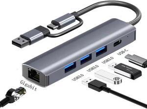 5 in 1 USB Hub Ethernet, Portable Multiport Adapter, 2-in-1 USB-C USB 3.0 to HDMI Dock Compatible for MacBook Pro, USB C, 3 USB3.0, 1Gbps LAN USB Dongle for Type C Devices-Mac/iPad Pro