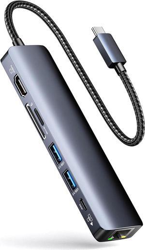 7 in 1 USB Hub Ethernet, Portable Multiport Adapter, USB-C to 4K HDMI, 2*USB3.0, 1Gbps LAN, SD/TF Card Readers, 100W PD Charging Compatible for MacBook Pro and Type C Devices-Mac/iPad Pro