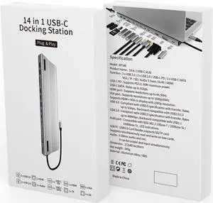 USB C Docking Station, 14 in 1 Laptop Docking Station Dual Monitor, with 4K- HDMI, VGA, Gigablit Ethernet, 5 USB, SD/TF Card Reader,Audio Port Compatible with MacBook/Surface/HP/Dell