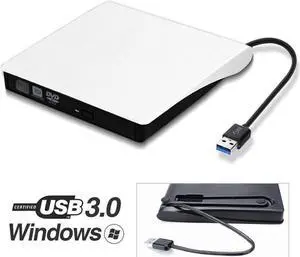 USB3.0 External DVD CD Drive, Portable CD DVD +/-RW Optical Drive Burner Writer High Speed Data Transfer Slim CD DVD Burner Recorder CD ROM for Laptop/MacBook/Desktop, White