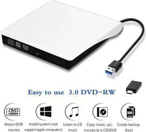 XD001 External DVD Drive - Dual-Port USB 3.0 Type-C CD DVD +/-RW Drive, USB C Portable Burner Slim DVD/CD ROM Rewriter Burner Writer Compatible with MacBook, Laptop, Desktop, Win 7/8/10 / XP/OS,White