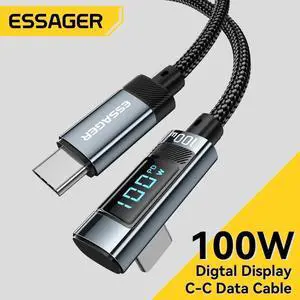 100W 90 Degree USB C to USB C Cable with LED Display, 1-Pack 6.6FT Zinc Alloy Braided Type-C Cable for lPad Mini/Air/Pro, MacBook Pro, Samsung S23/S22/S10, Pixel, LG