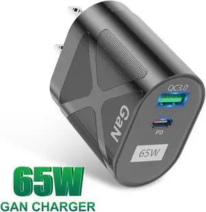 2 Prots USB C 65W Fast Charger USB PD Muti Ports GaN Charger Mobile Phone Quick Charging Type C Wall for iPhone Xiaomi Samsung - Black