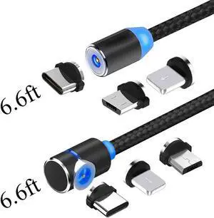 Magnetic USB Charging Cable Micro USB Type C Lighting with LED, Multi 3-in-1 Cable Charger for Android Phone,Multiple Charging Adapters.Fast Charge,(2-Pack,6.6ft) - (Black)