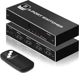 3In 1Out 8K HDMI 2.1 Switch, 3x1 4K@120Hz/8K@60Hz HDMI Switcher with Remote Control, Supports 48Gbps, HDR10+, HDCP2.3, Dolby Vision, 4k@120H for PS5/PS4/Xbox/Roku/Apple TV