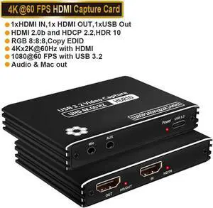 USB3.2 4K60 HDMI Video Capture Card, 4K 60FPS HD Game Capture Device Cam Link with HDMI Passthrough Work with Xbox PS5 PS4 Switch DSLR for OBS Twitch Live Streaming and Recording