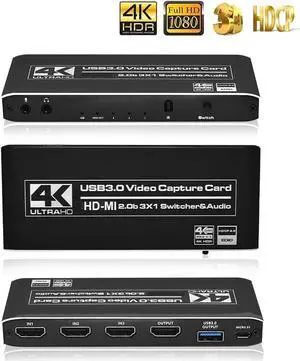 4K@60Hz 3X1 HDMI Video Capture Card with Mic & 3.5mm Audio 4K 60fps Board Game Capture Card USB3.0/Type-C Recorder Box Device for Live Streaming Video Recording Loop Out