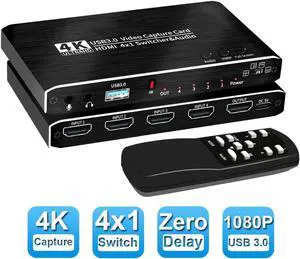 4x1 4K@30Hz USB3.0 HDMI Video Capture Card Seamless Switch,  4K 30FPS HD Game Capture Device Cam Link with Mic&Audio Work with Xbox PS5 PS4 Switch DSLR for OBS Twitch Live Streaming and Recording
