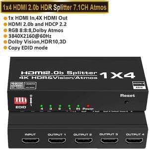 4K@60Hz HDMI Splitter 1 in 4 Out, 4 Way HDMI Splitter for Four Monitors, 1x4 HDMI2.0 Splitter Video Distributor Mirror Only, Support EDID, 3D, HDCP2.2, HDR, 4K@60Hz, RGB 8:8:8, HDR 10